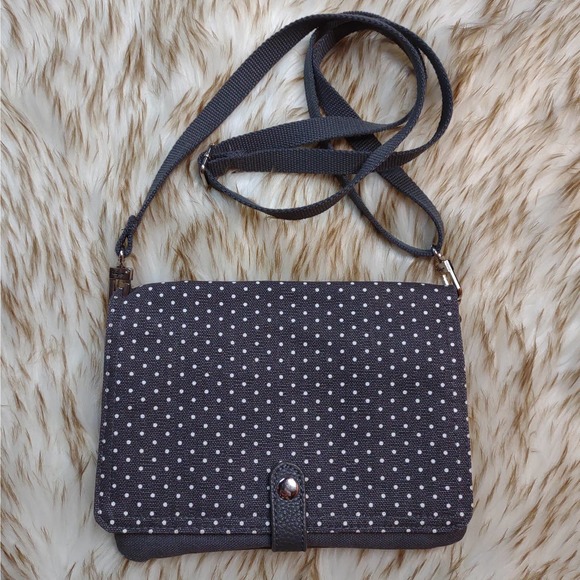 thirty-one Handbags - Thirty-One Double Up Crossbody Bag gray polkadot EUC canvas messenger purse